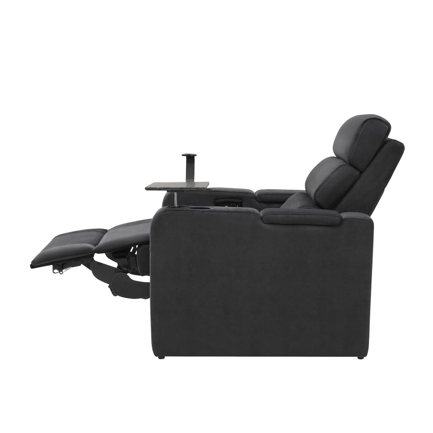 Don Vito TriMotion Vault luxe stof – zijaanzicht met tafel en glashouder