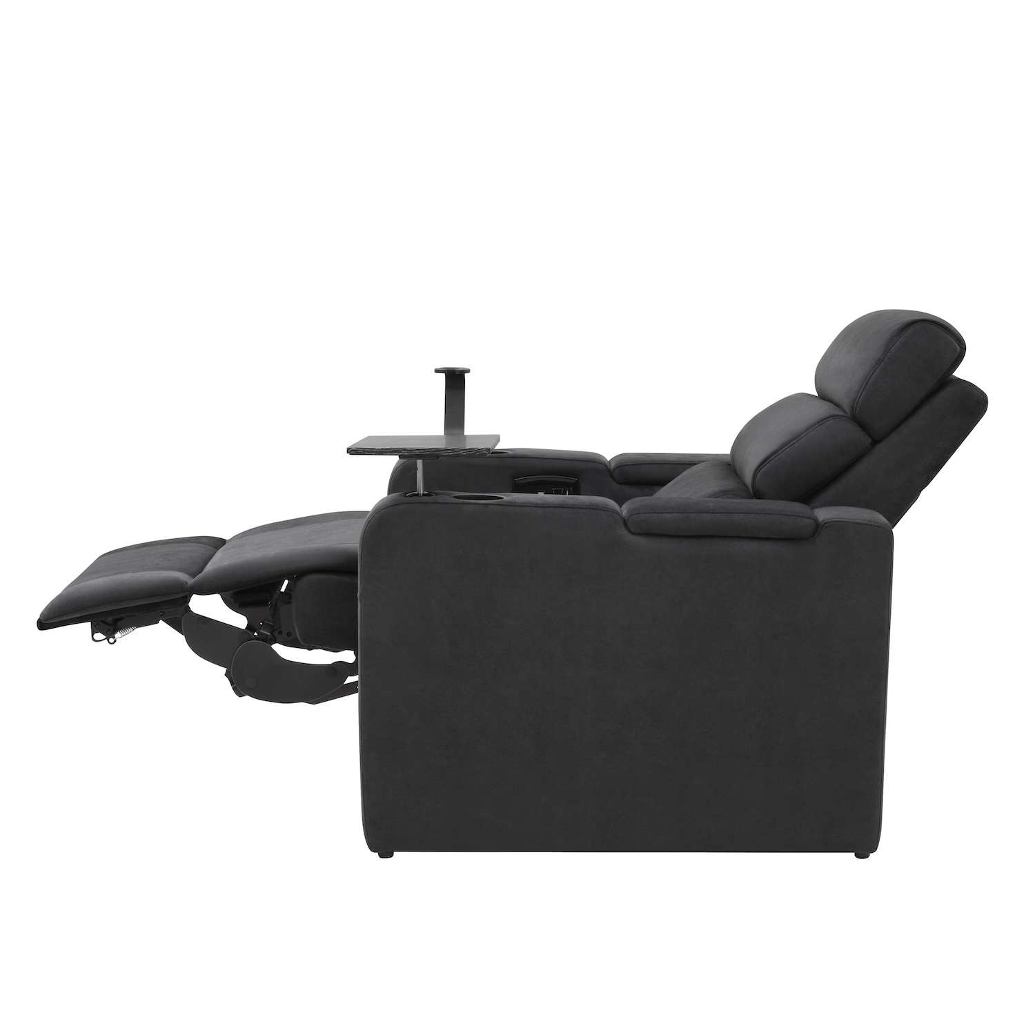 Don Vito TriMotion Vault luxe stof – zijaanzicht met tafel en glashouder