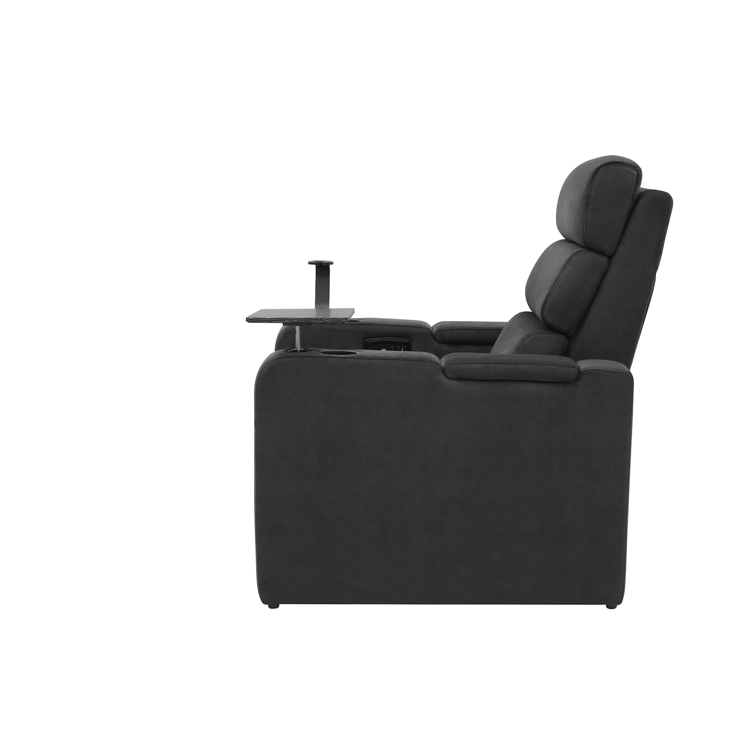 Don Vito TriMotion Vault Stoffausführung in Graphite – Seitenansicht mit Tisch